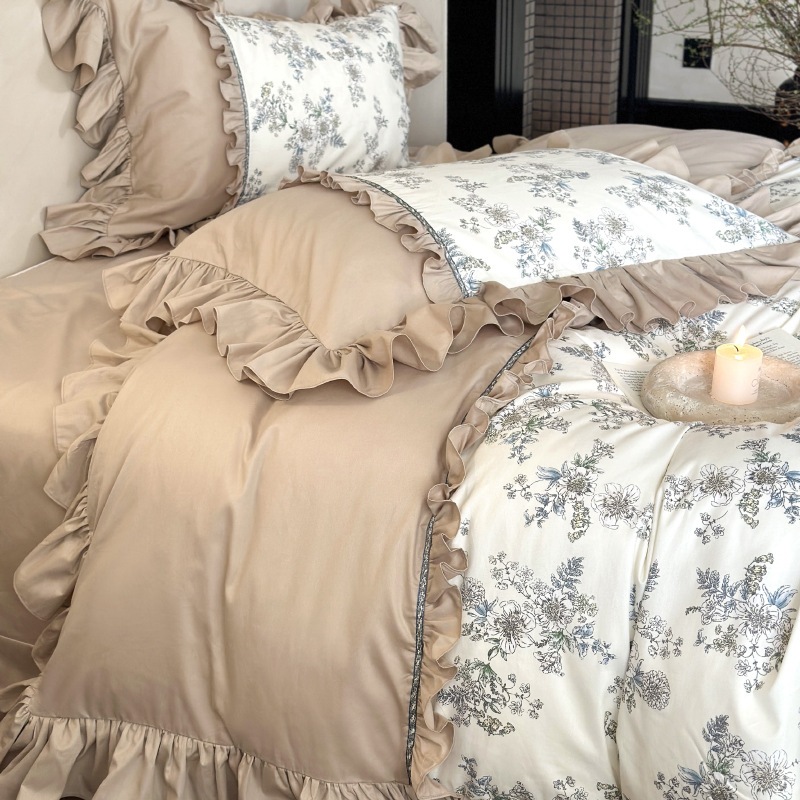 フレンチコットン4ピースレトロスタイルの花柄の花柄の純粋なコットンロータスリーフキルトカバー1.8m寝具