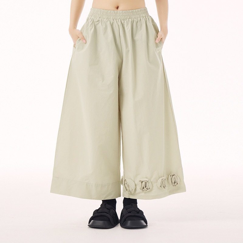 【J.Fashion】 花飾り ワイドパンツ ドッキング ハイウエスト おしゃれ レディース ワイドパンツ スラックス 関連商品購入可能 メガ割