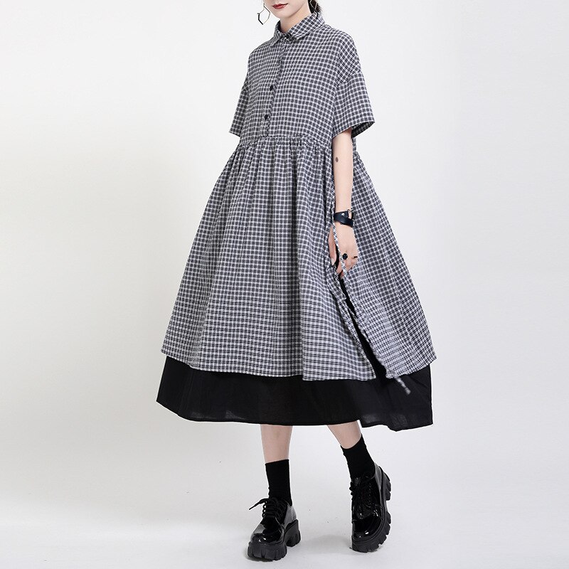 涼しげシャツワンピースチェック柄はぎ合わせアシンメトリーデザインフェイクレイヤードLFZ74