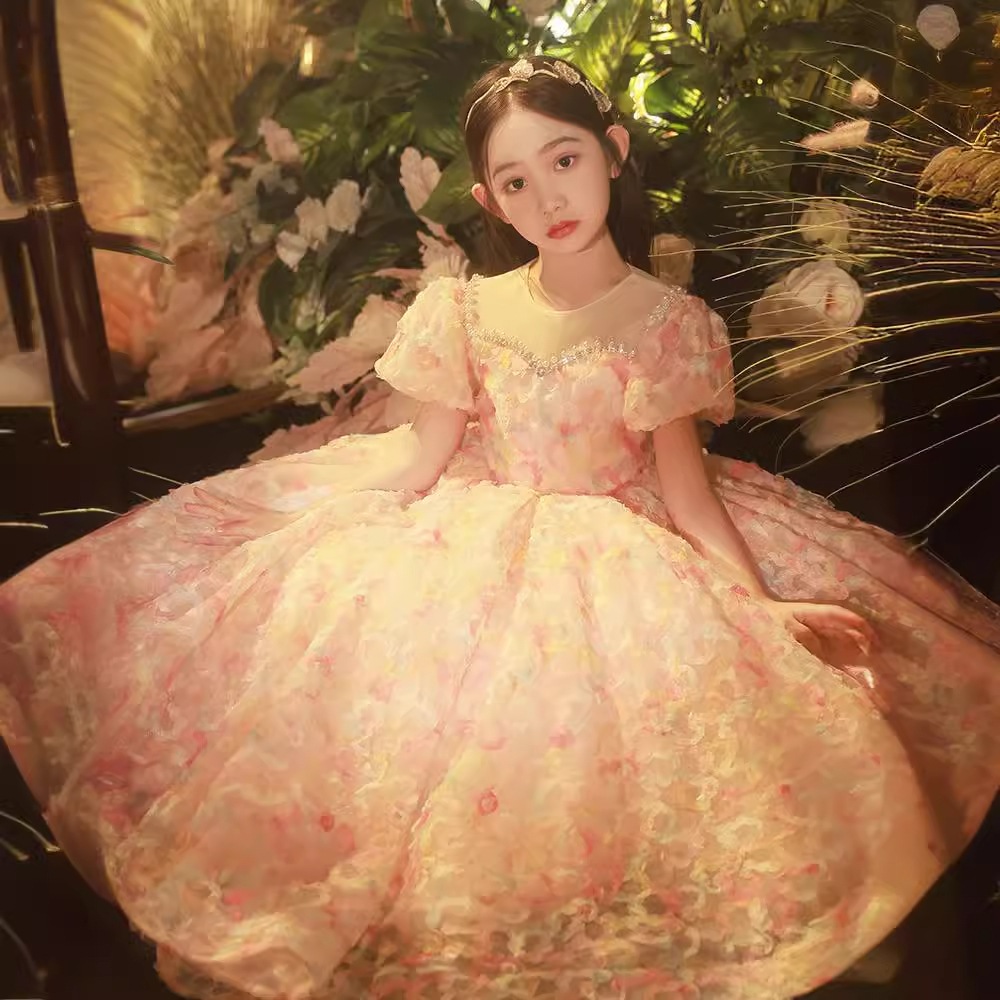 ピンクガールドレスプリンセススカートフラワーチャイルドウェディングホストファッショナブルチルドレンパフォーマンスコスム