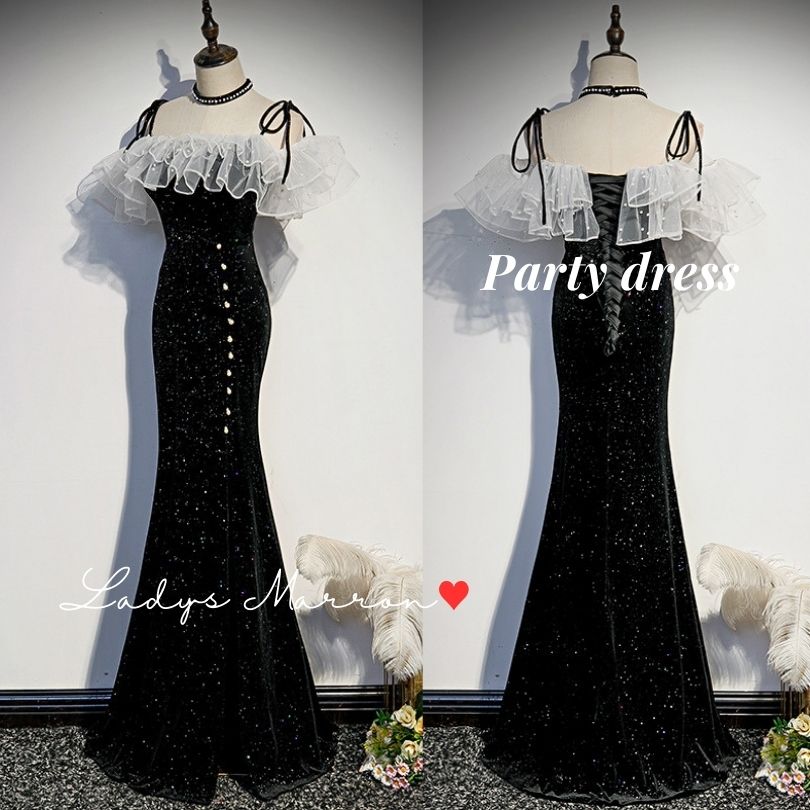 2点購入で200円割引15日間のみ ロングドレス イブニングドレス マーメイドドレス オフショルダードレス オフショルドレス フリルドレス パーティードレス 結婚式ドレス ブライダルドレス 黒 ウェデ