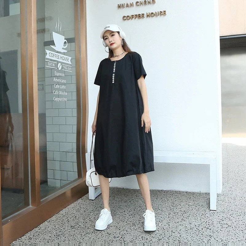 ワンピースクルーネックtシャツワンピースレディース夏服韓国ファッションゆったりロンt肉を隠す着痩せ効果