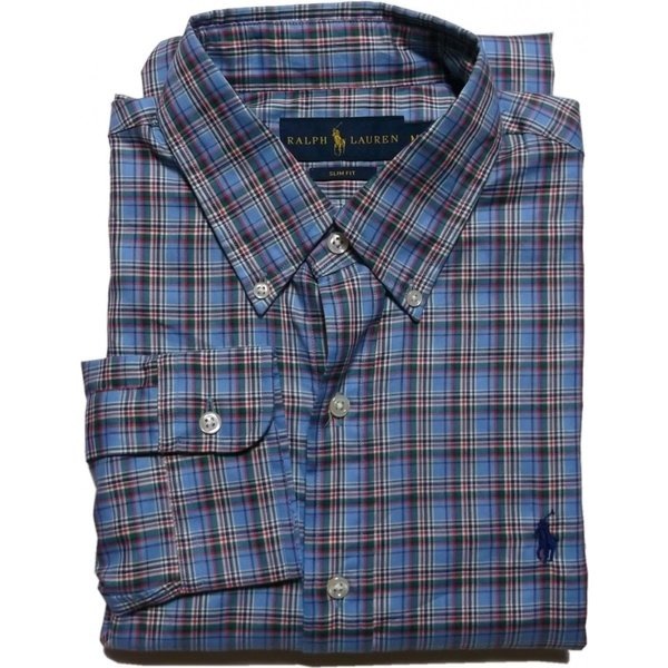 長袖 ワンポイント ボタンダウンシャツ チェック サックスブルー PR2-766