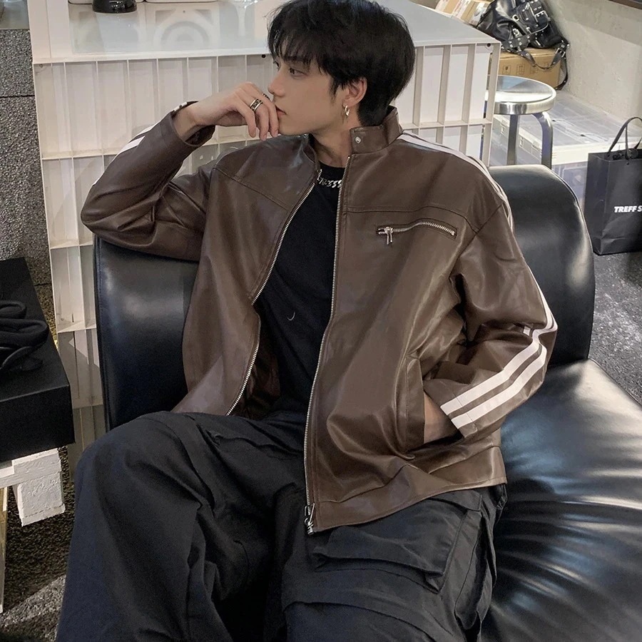 人气新作ストライプレザージャケットメンズ男子高生春と秋のポジティブショルダーPUジャケットジャケット