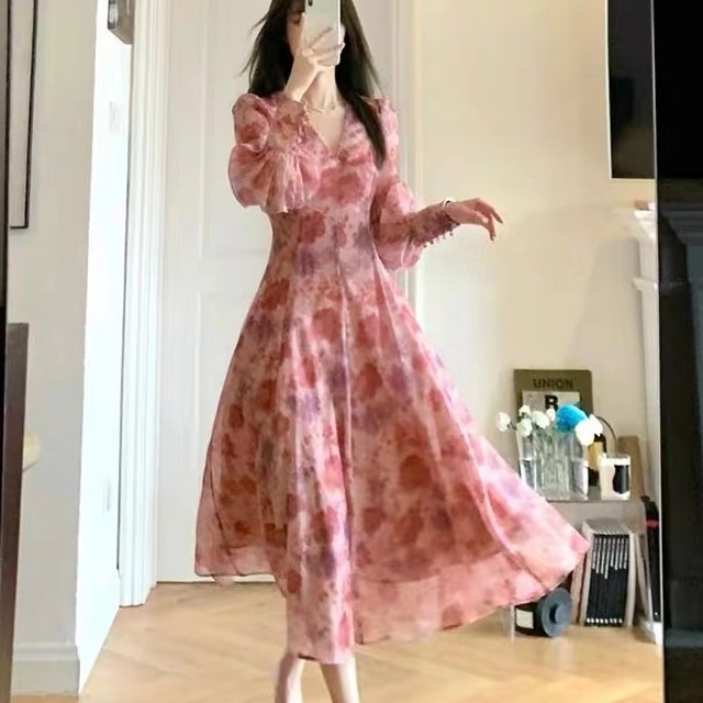 ワンピース ロングワンピース 長袖 パフスリーブ ボリューム袖 Vネック ハイウエスト シフォン シースルー 可愛い かわいい 大人可愛い きれいめ シンプル 上品 おしゃれ かっこいい カジュアル