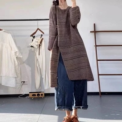 秋新型韓国レディースニット ワンピースカジュアル洋気が痩せて不規則に透かし彫りされた高級ニットロングワンピース
