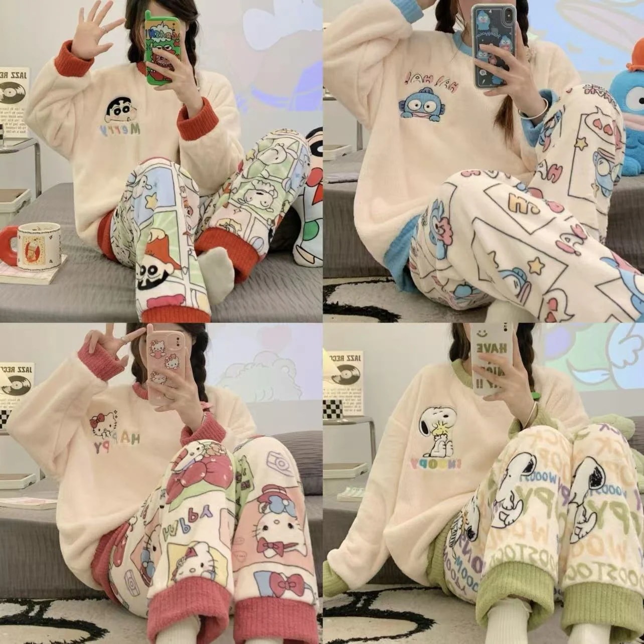 【10個セット】新入荷 可愛い サンリオ シナモンロール マイメロ ふわふわ ルームウェア 秋冬 フランネル もこもこ スポンジボブ パジャマ ハンギョドン 部屋着 セットアップ 暖か レディース 上