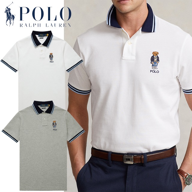 本物保証 メンズコットン鹿の子編み ポロベアー エンブロイドししゅう 半袖ポロシャツ カスタムスリム