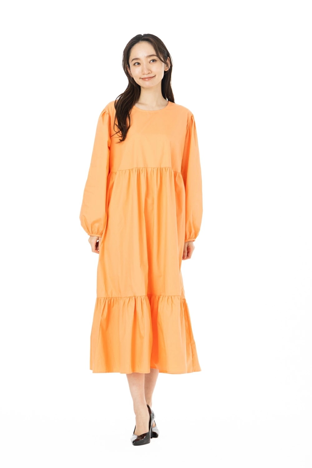 Bou Jeloud(ﾌﾞｰｼﾞｭﾙｰﾄﾞ) サイズ38 長袖 無地 ギャザー切替ワンピース オレンジ