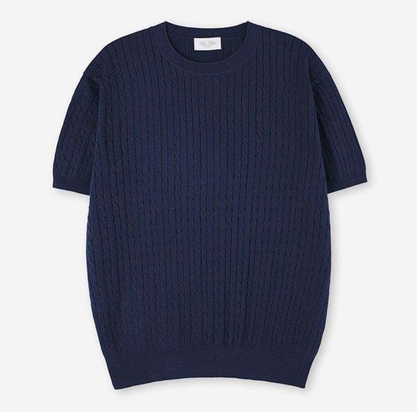 メンズケーブルリネンラウンド半袖ニットTシャツ AT-KNH-Q012-ネイビー