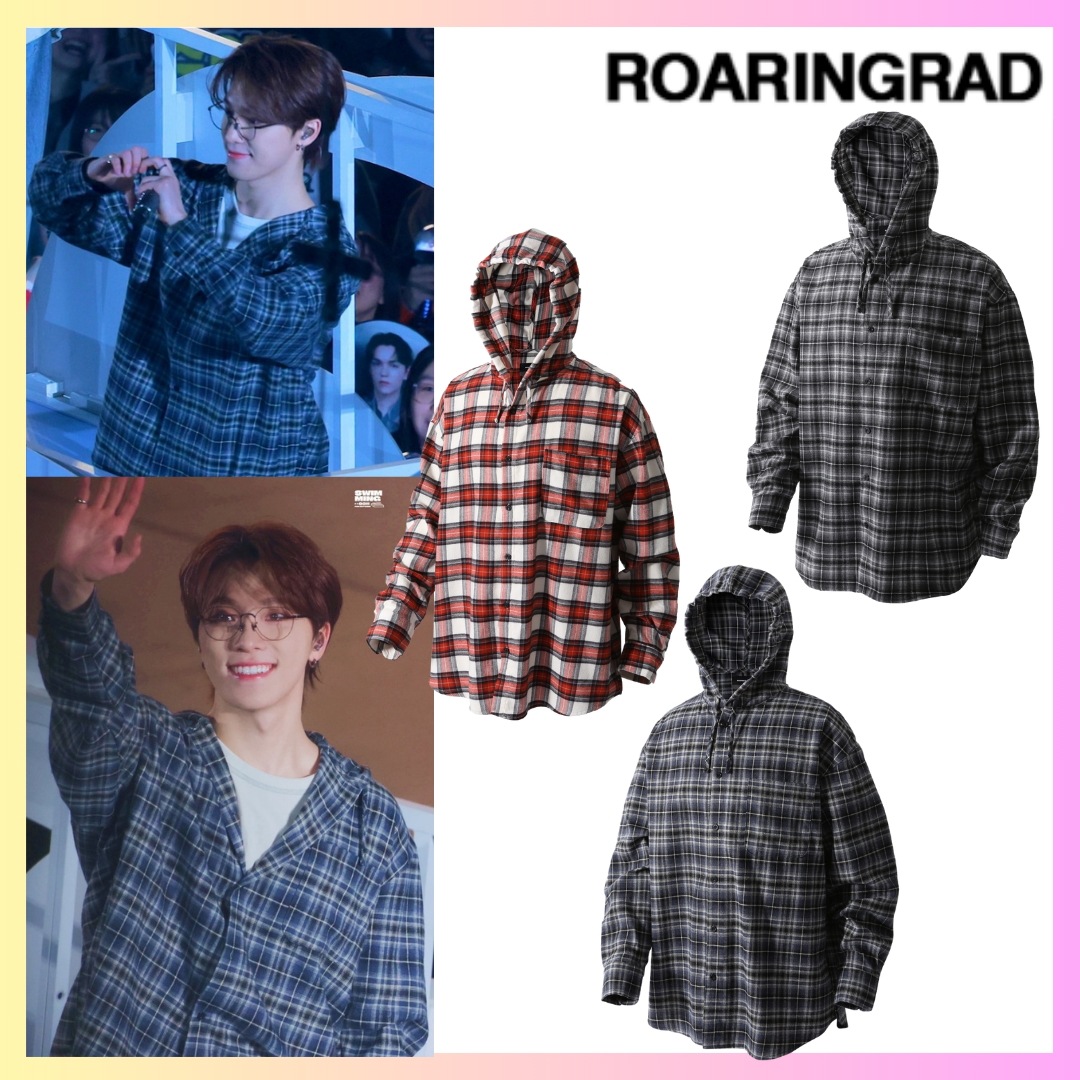 [ROARINGRAD] [SEVENTEEN ディノ 着用] FLANNEL CHECK OVER HOOD SHIRT- 3色 韓国ファッション オーバーサイズ スウェット レディース スウェット