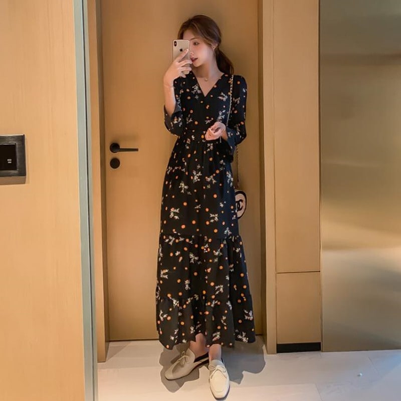 ワンピース フレアワンピース ロング ロング丈 マキシ マキシ丈 袖あり 長袖 Vネック カシュクール フレア Aライン ハイウエスト かわいい 大人可愛い きれいめ シンプル 大人 上品