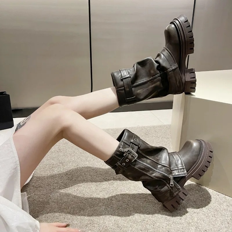 女性用ベルトバックル付きミッドカーフブーツプラットフォームシューズスクエアトゥサイドジップスクエアヒールモダンメス2022