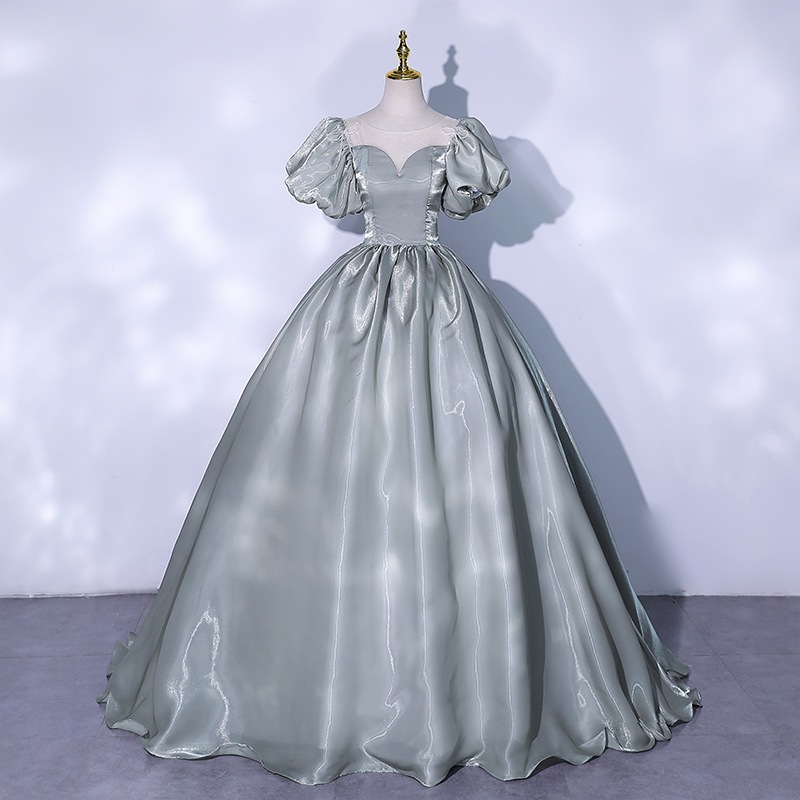 グレーグリーンパフスリーブイブニングドレスプリンセス気質花嫁ウェディングドレスパフォーマンステストソロホスト宮殿スタイルドレス 5,244円