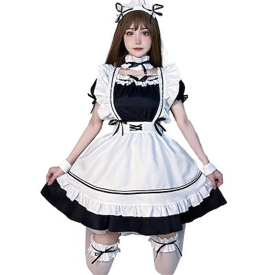 Qoo10] 8点セット メイド服 黒リボン ミニ丈
