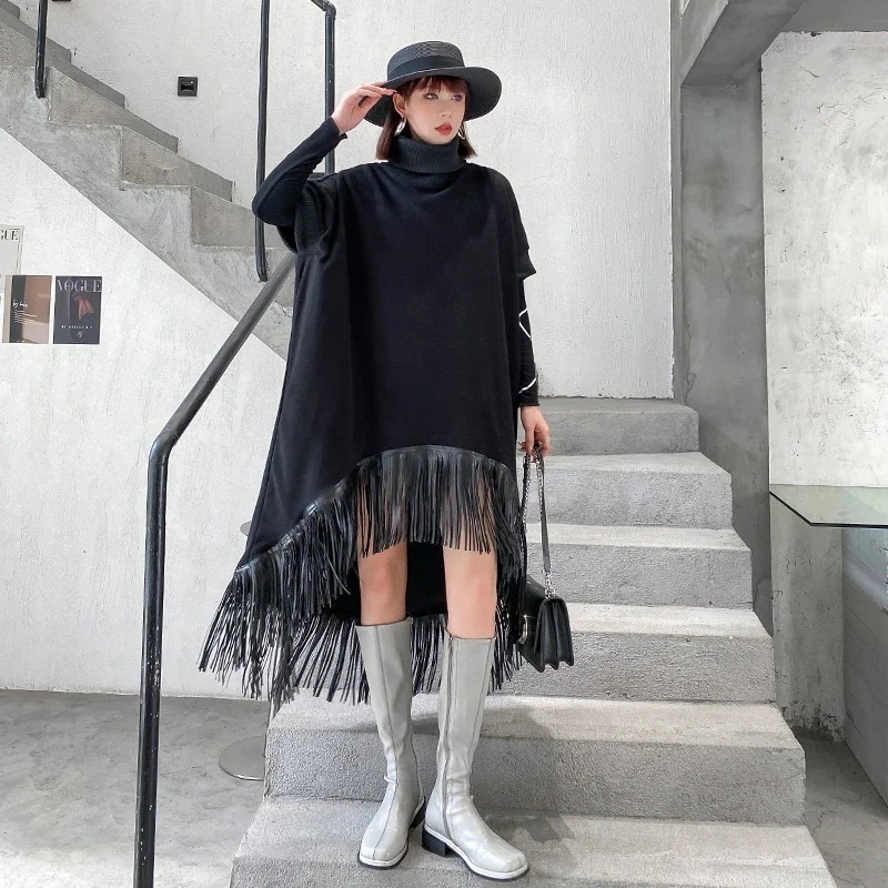 人气新作/韓国ファッション/ワンピース/アメリカンレトロタートルネックフリンジスカート早秋のゆったりとした連袖外着ヘッダーa字スカートワンピース 秋冬