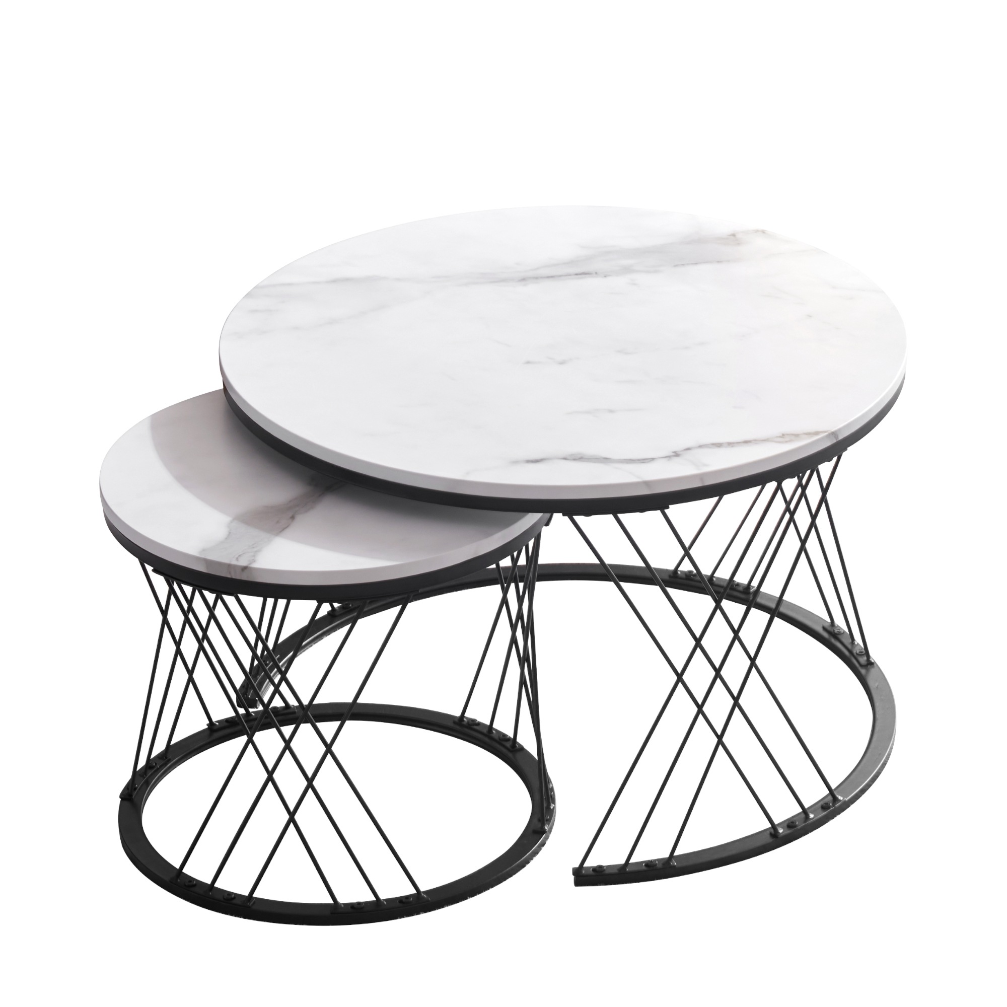 【新作登場】センターテーブル ネストテーブル ローテーブル 入れ子式 天板 大理石調 2個セットサイドテーブルローテーブル 丸 円型テーブル ローテーブル北欧風 一人暮ら 【ホワイト＋ブラック脚】 7,685円