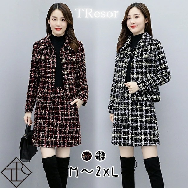 【即納】セットアップ レディース カジュアル 上下セット ツーピース 長袖 ジャケット フォーマル チェック柄 Aラインスカート シンプル キレイめ ナチュラル お洒落 可愛い フォーマル系 新作 お