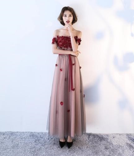 1474.花柄レースオフショルダーロングドレス（ブラウン）パーティードレス 結婚式 披露宴 ウエディングドレス 姫系 同窓会 二次会 ワンピース 演奏会 忘年会 2019 春夏 sale