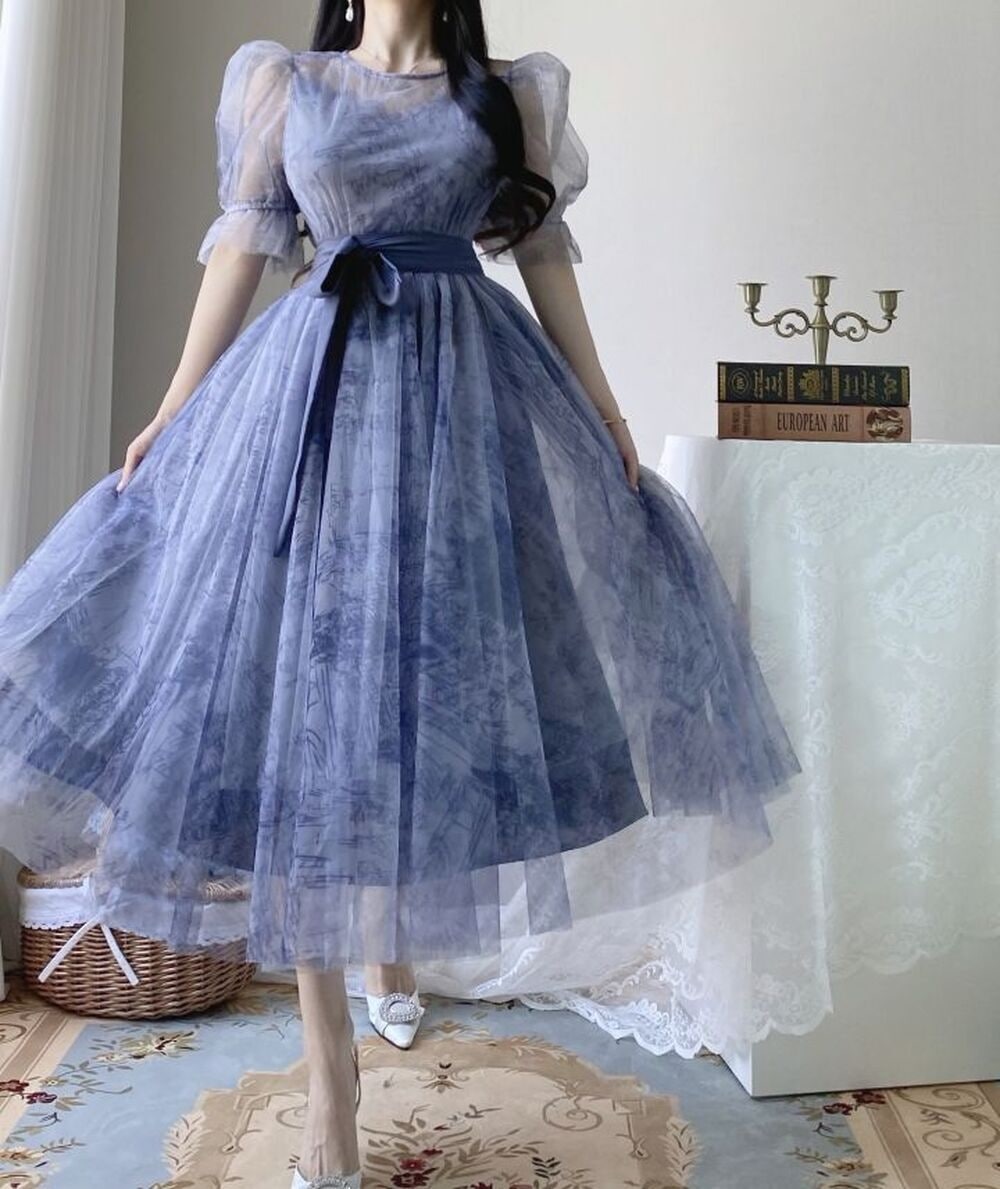 水彩画 演奏会 卒業写真 シャ メッシュ リボン オーガンザ シフォン 半袖 ロングワンピース