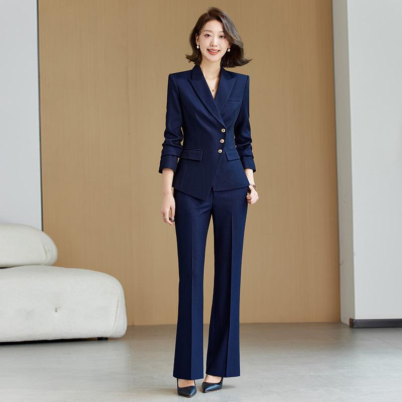 レディース パンツスーツ 上着 ２点セット セットアップ ネイビーブルー 高品質 アシメトリー 前合わせ 金ボタン３つ スーツ襟 ブーツカット フォーマル オフィス エレガント スタイリッシュ