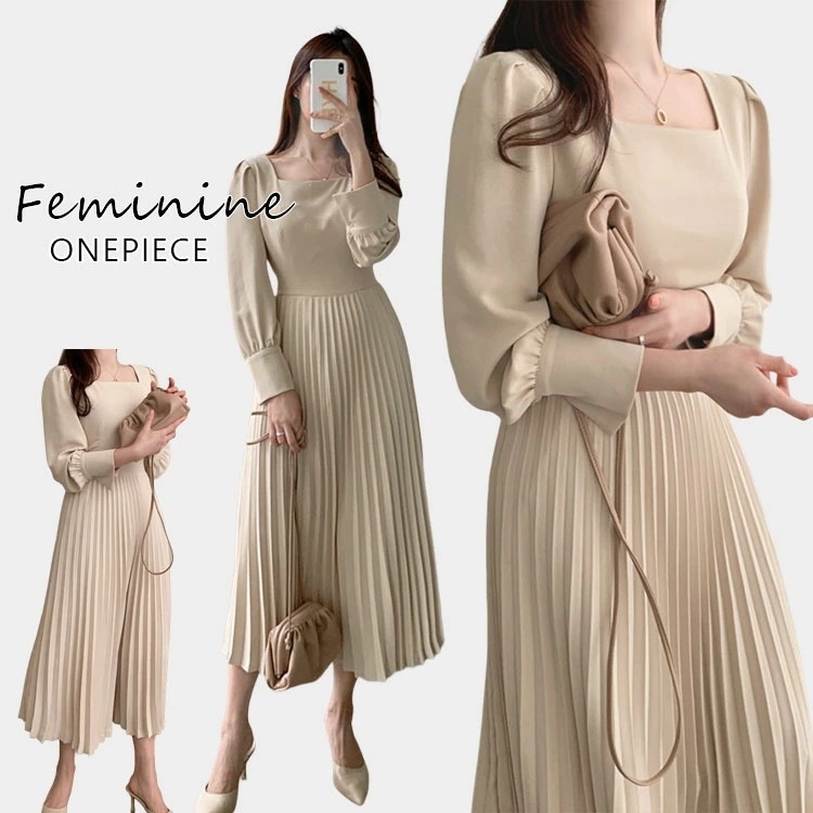 【新作】プリーツワンピース レディース 冬 長袖 大人 上品 韓国 ロングワンピース スクエアネック 長袖 ワンピース きれいめ ハイウエスト おしゃれ お出掛け 無地 Ａライン プリーツスカート プ