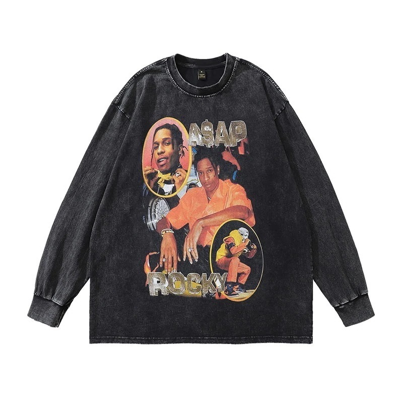 アメリカンレトロヒップホップROCKY 250gウォッシュアンドエイジド長袖Tシャツ男性と女性用ストリートレトロボトリングTシャツ