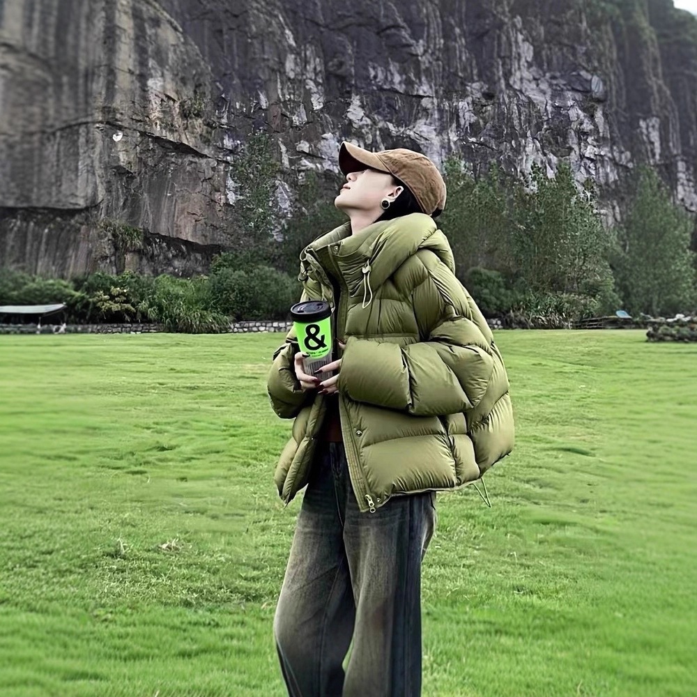 パフタートルグリーンショートダウンジャケットレディース2025冬ライムグリーンコットンジャケットフード付きパンジャケット