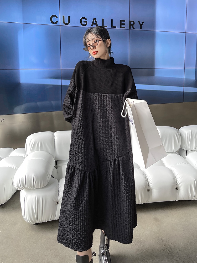 異素材ワンピース ロング ワンピース レディース 長袖 春 きれいめ モード系 ロングワンピ マキシワンピース ニット 立ち襟 スタンドカラー ギャザー 大きいサイズ 体型カバー 通勤 オフィスニットワンピ