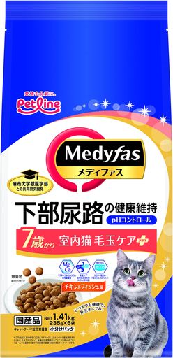 メディファス 室内猫 毛玉ケアプラス 7歳から チキン&フィッシュ味 チキン&フィッシュ味 MFD-38 1.41KG(235G×6)X6(ケース販売)