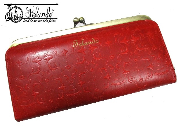 半額 新品 財布 レディース 長財布 がま口 フェランド ブランド 本革 牛革 ダマスク柄の落ち着いたデザイン レッド SALE 50%OFF