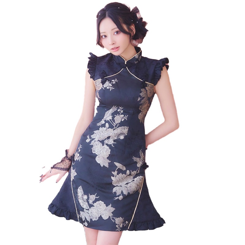 【SMLサイズ】フレア 扇子柄 花柄 チャイナドレス チャイナ服 ミニ コスプレ イベント ハロウィン キャバドレス [1374]