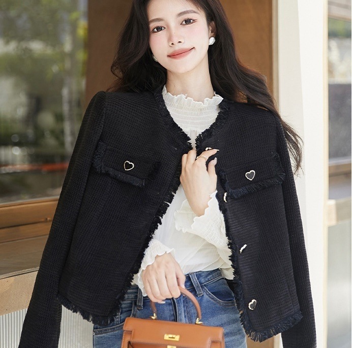 【動画あり】ハートボタンツイードジャケット 高見えジャケット ツイードジャケット ハート 高見え ツイードジャケット黒 ツイードジャケット白 ホワイト 黒 ブラック 韓国 オルチャン レディース
