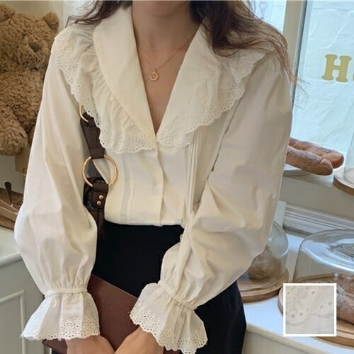 ブラウス シャツ 韓国 ファッション レディース 秋 冬 カジュアル コーデ シンプル 定番 セレカジ 20代 30代 40代 2025 パンチングレース セーラーカラー フェミニン