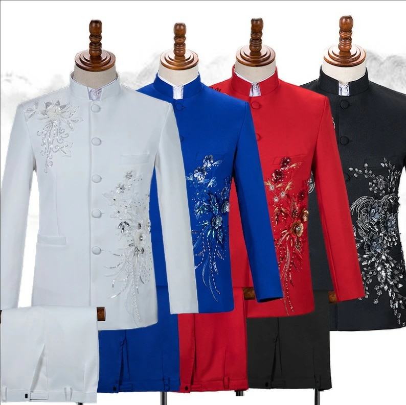 音楽会指揮者 ステージ衣装 ホスト テーラードジャケット 立ち襟 後撮り パーティー スーツジャケット 礼服 スパンコール花飾り 舞台スーツ 舞台衣装 余興 結婚式 舞台劇 コント クラブ 漫才 中華