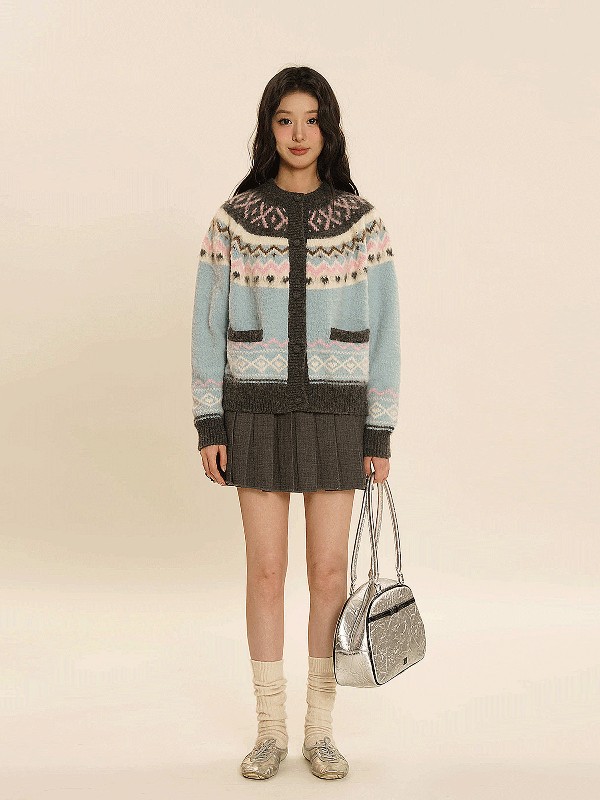 モロモロ 春の新作 クリーム フェアアイル ラウンドネック ニット カーディガン レディース レトロ カレッジスタイル セーター ジャケット