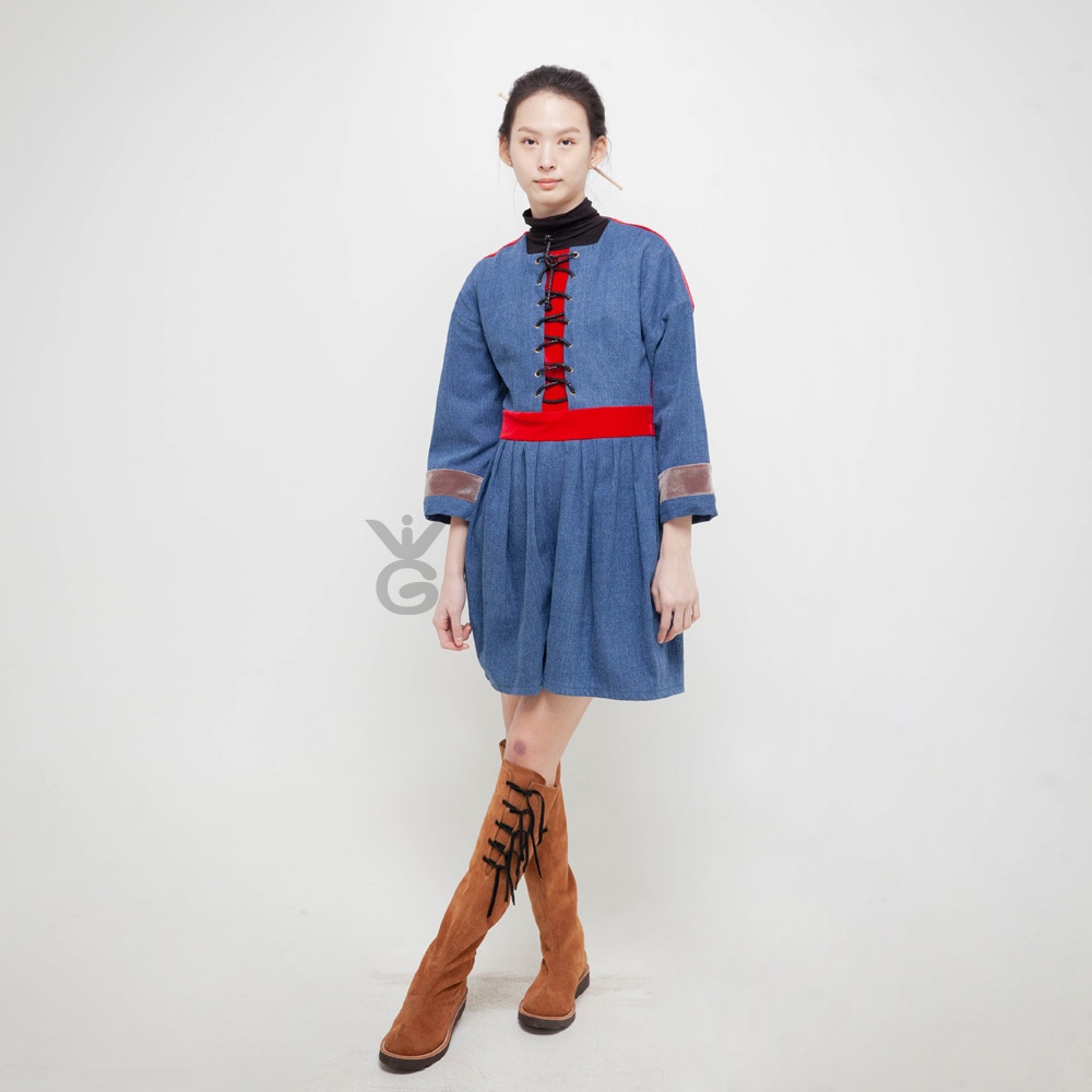 ヘリオスデニムスカートパンツワンピースベルベットコンビネーションレザーストリングディテール