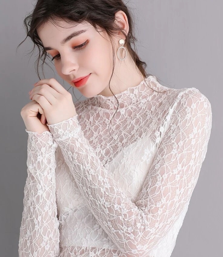 ハイネックレーストップス トップス カットソー 袖あり l ハイネック レース 透け感 シースルー かわいい 大人可愛い きれいめ シンプル カジュアル 大人 おしゃれ お洒落 レトロ 大人可愛い