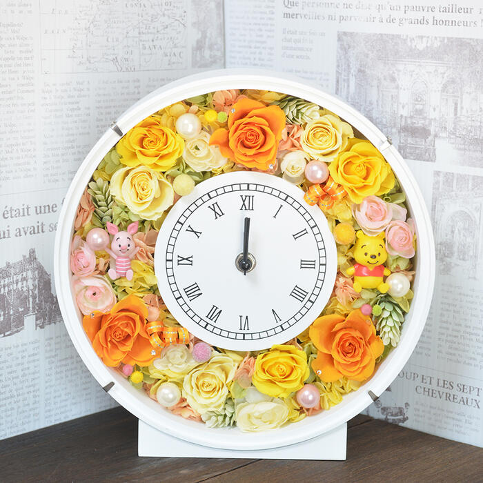 プリザーブドフラワー ディズニー プーさん＆ピグレット スワロフスキー 花時計 フラワーギフト 花 贈り物 プレゼント 開店祝い 引越し祝い 開業祝い 結婚祝い ギフト 誕生日 置き時計 退職祝い