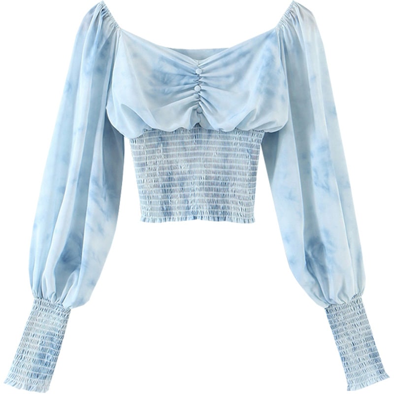 トップス カットソー プルオーバー ショート丈 長袖 パフスリーブ スクエアネック 襟なし スリム 大人女子 こなれ感 ラブリー キュート 個性的 セクシー S M L ブルー エレガント