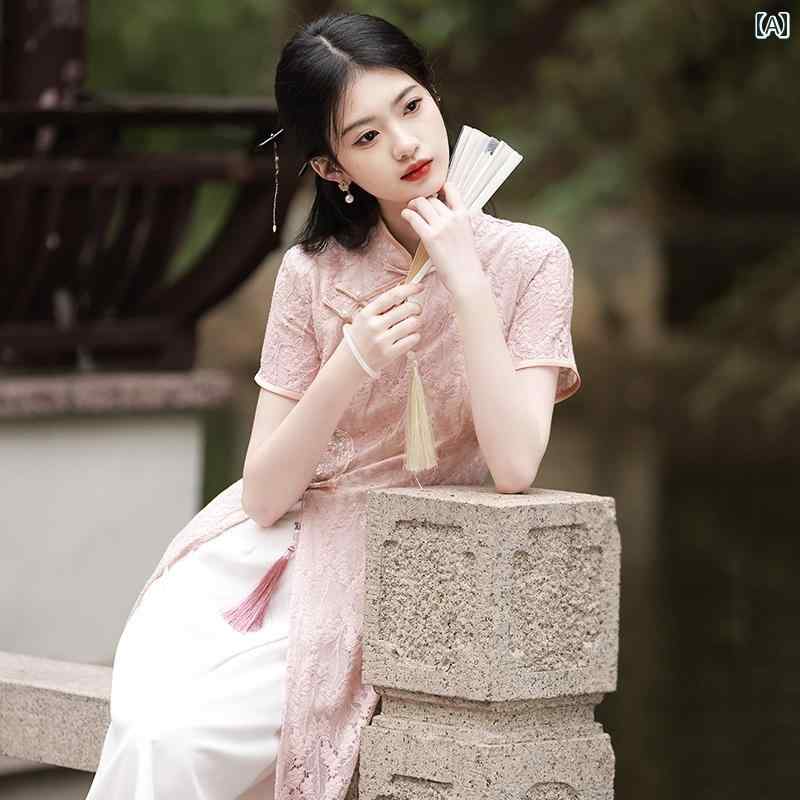 アオザイ チャイナドレス 夏 レディース ワンピース エレガント ロング丈 普段着 ピンク