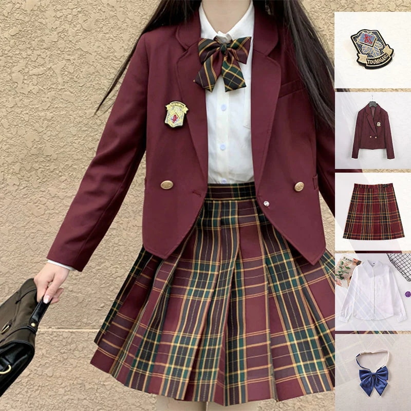 5点セット(レッドブレザー+スカート+リボン+ブラウス+バッチ) 入学式定番ブレザー制服スクールジャケットイベントチェックスカート就職活動面接アウターコート 卒業式