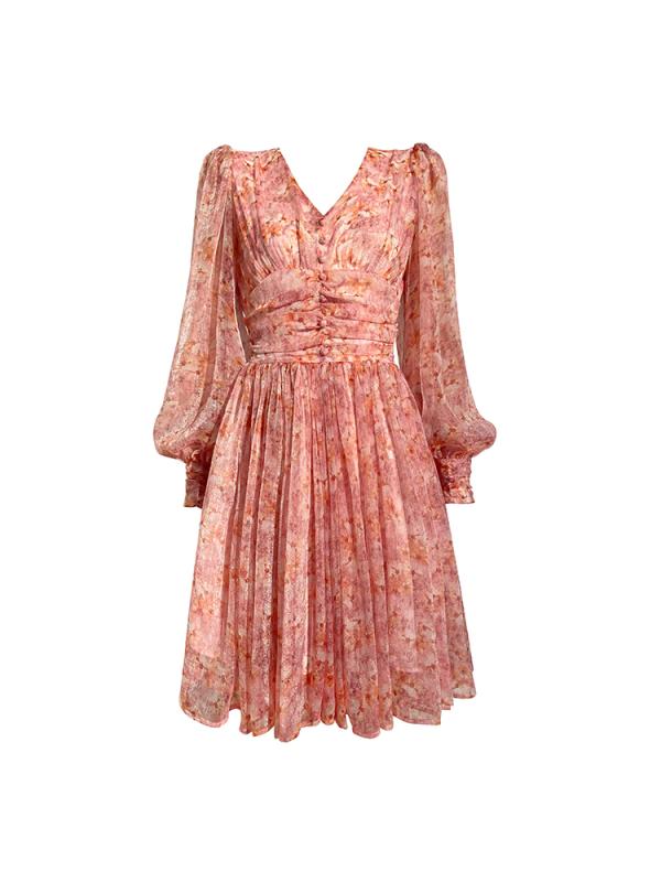 ワンピース レディース フランス ティー ドレス 春秋 ウエスト Vネック パフスリーブ プリント シフォン ビーチ ドレス 5,310円