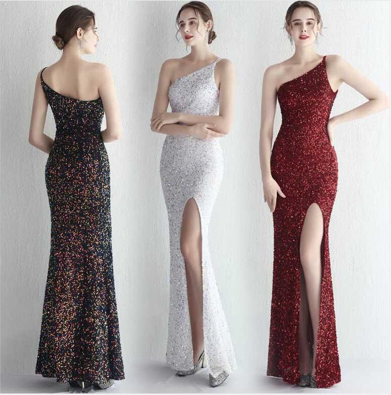 人魚マーメイドワンピース ドレス ロングドレス レディース ワンショルダー スパンコール キラキラドレス タイトワンピース スリットワンピース スリム 着痩せ お呼ばれ 結婚式 イブニングドレス 披露