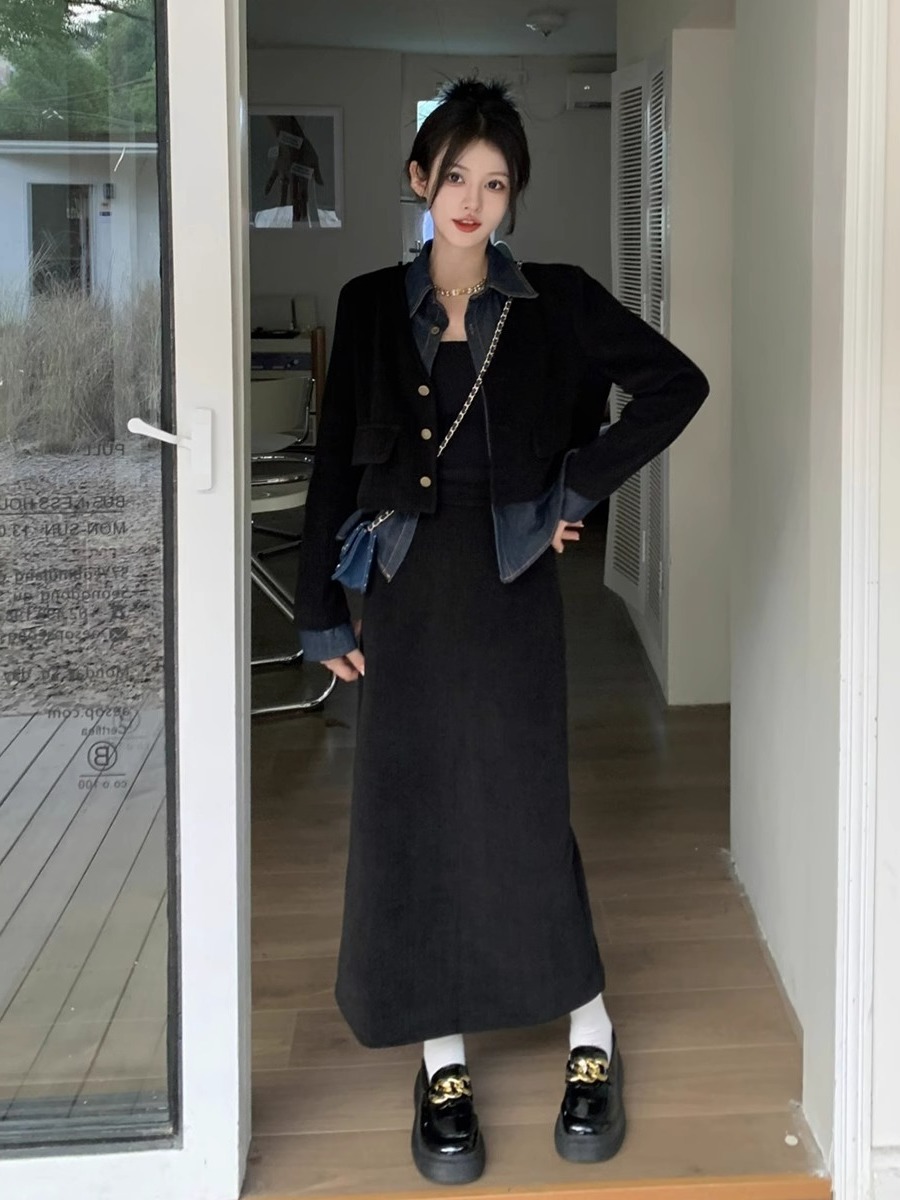 レトロデニムステッチイレギュラー長袖スーツジャケットスリットスカートレディース2023年秋冬新作2点セット