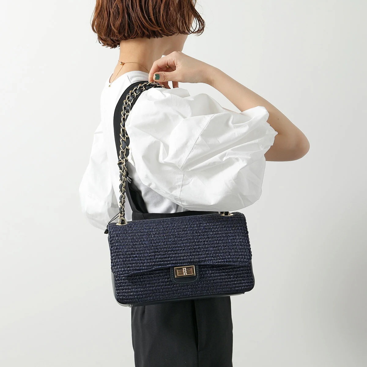 andrea cardone アンドレアカルドネ ショルダーバッグ 1690M レディース クロスボディ ラフィア×レザー 鞄 blue