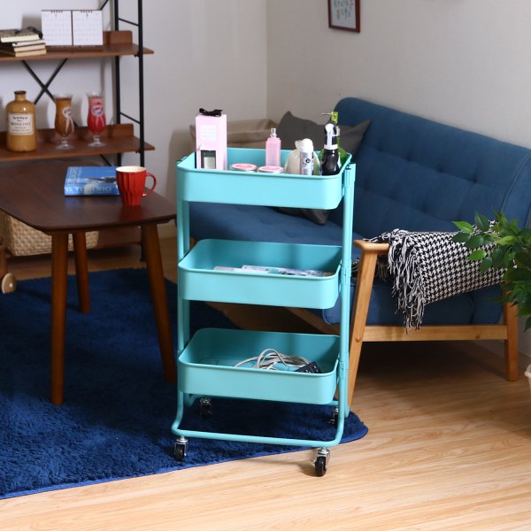 不二貿易 キッチンワゴン 14268 バスケット3段 ターコイズブルー