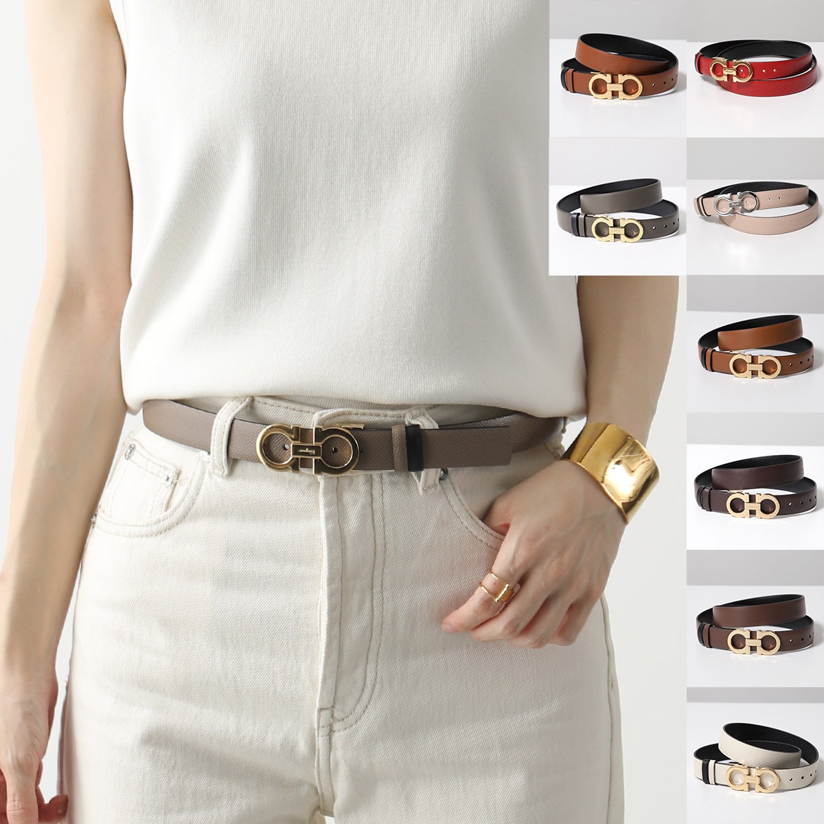 FERRAGAMO フェラガモ ベルト 23 A565 715198 786256 レディース レザー リバーシブル ダブルガンチーニ カット調節可能 ロゴ カラー9色