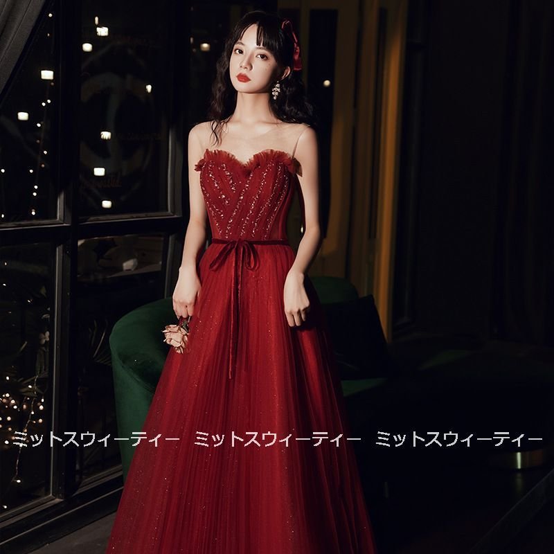 カラードレス 赤 演奏会 結婚式 イブニングドレス 二次会 カクテルドレス リボン ロングドレス 発 8,293円