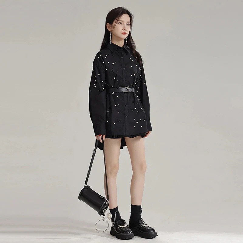 【J.Fashion】 2way ワンピ/チュニック ピーズ飾り ロングブラウス ショートワンピース パール 前短後長 チュニック 長袖 関連商品は店で購入可能30%までに制限